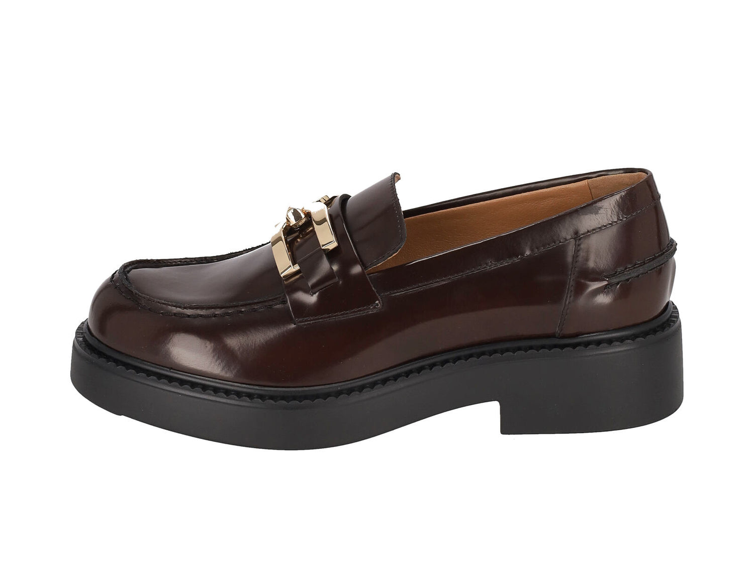 Mocassino in pelle con morsetto oro , fondo in gomma