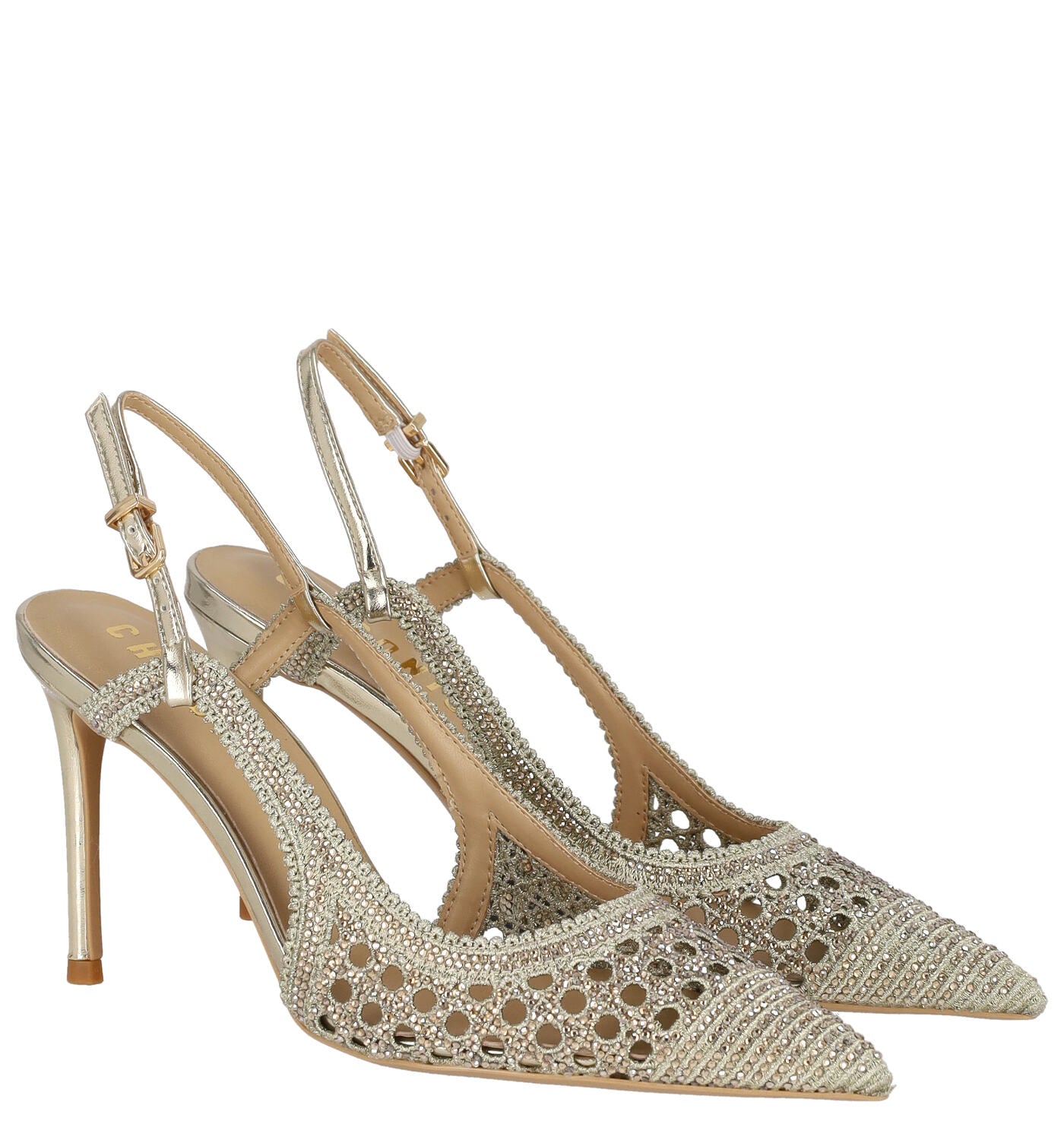 Chanel traforato in tessuto e strass, tacco alto 9 cm