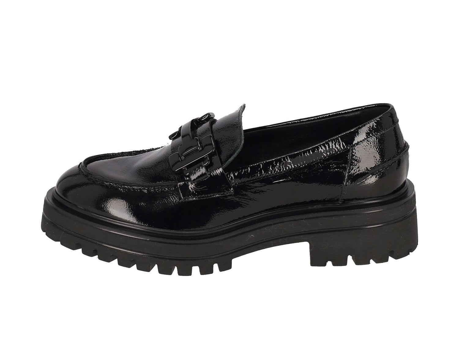 Mocassino in vernice con morsetto , fondo roccia in gomma