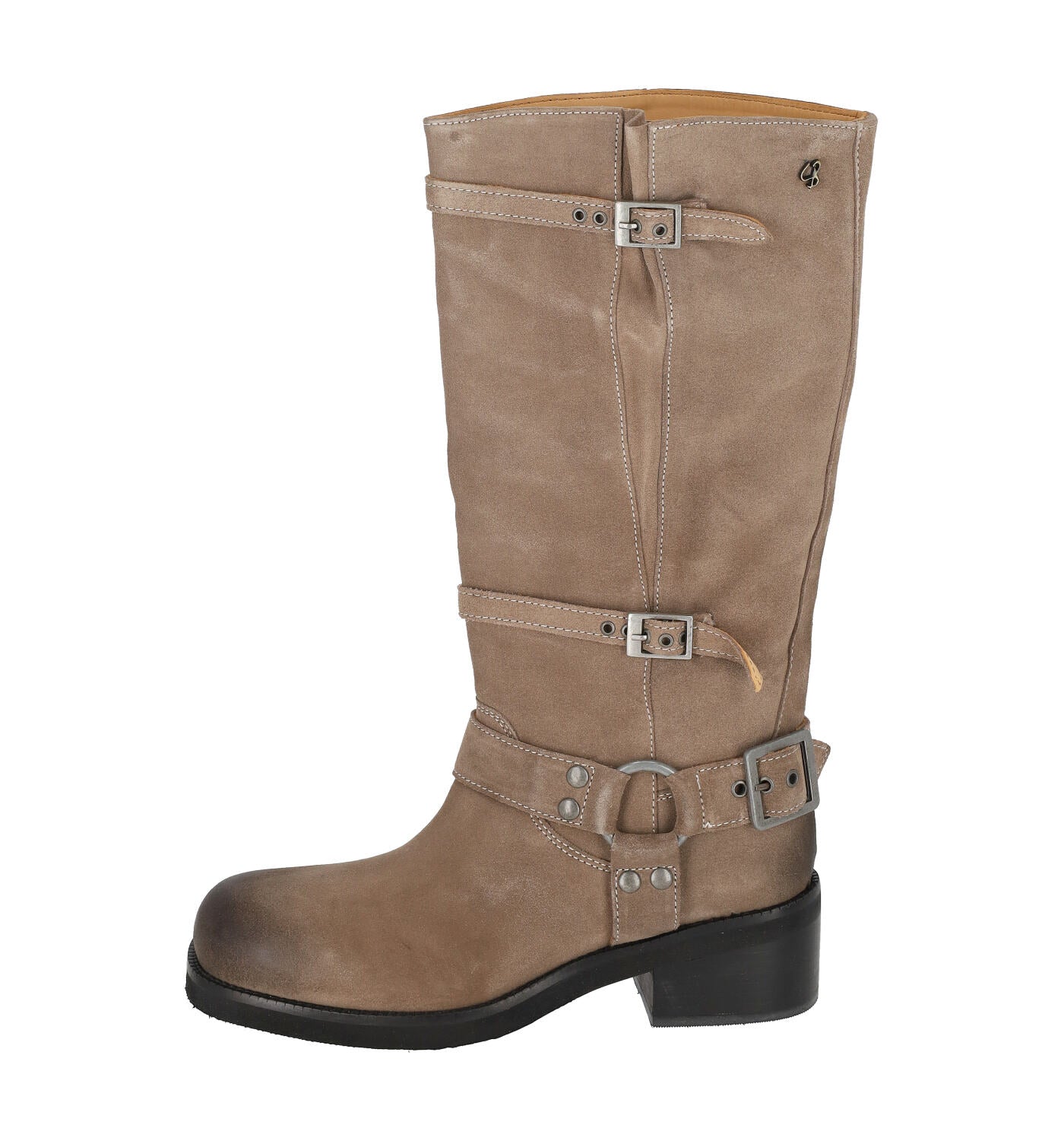 Stivale biker con tacco alto 4cm in camoscio con fibbie