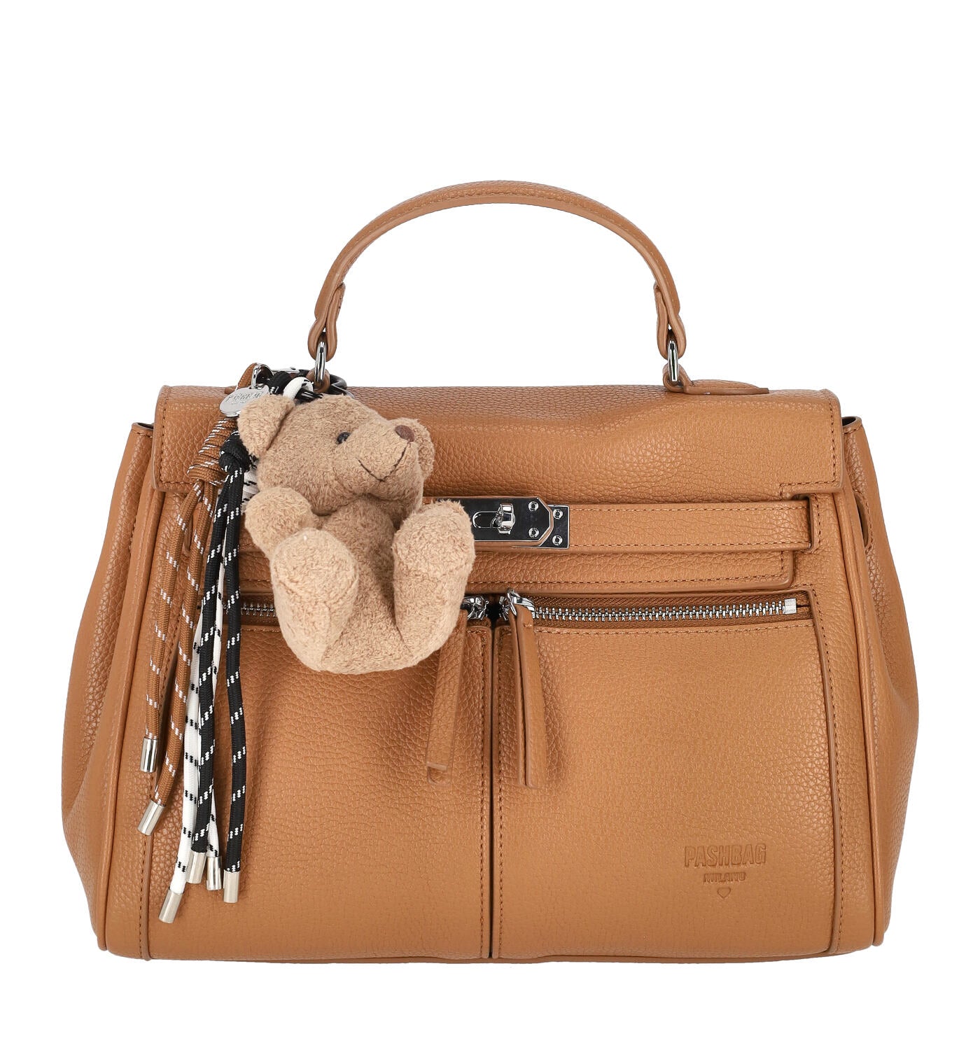Borsa bauletto con due tasche frontali a zip, chiusura a patta con tracolla regolabile