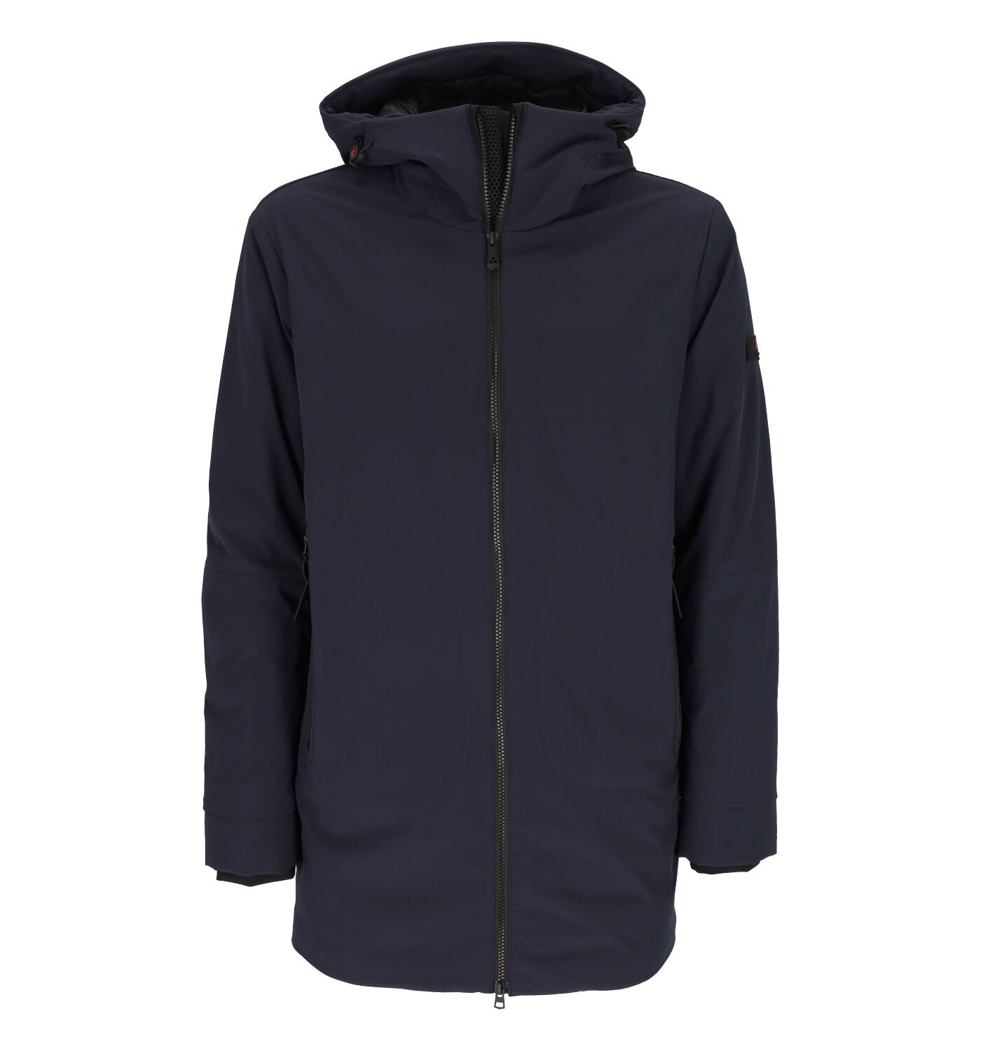 Giubbino lungo con cappuccio tessuto spalmato