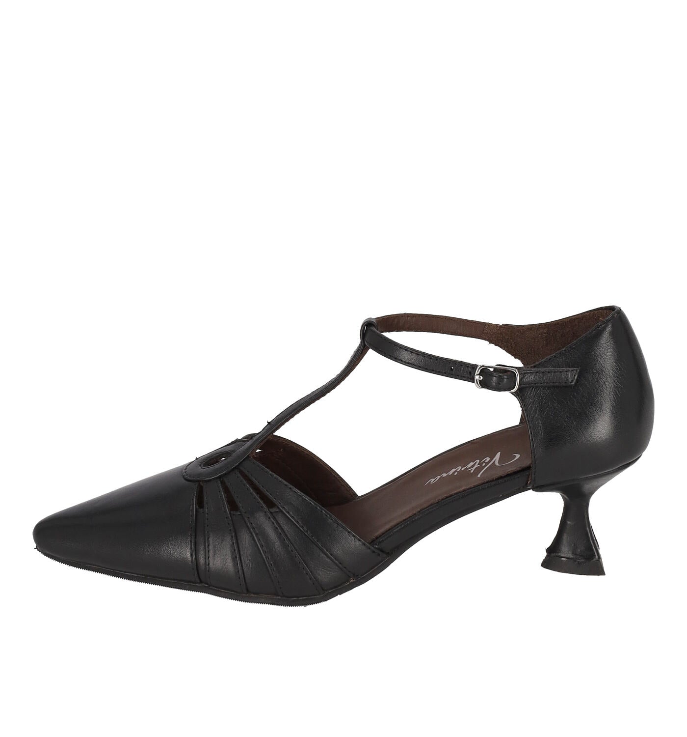 Decolleté t-bar in pelle con tacco altezza 5 cm .