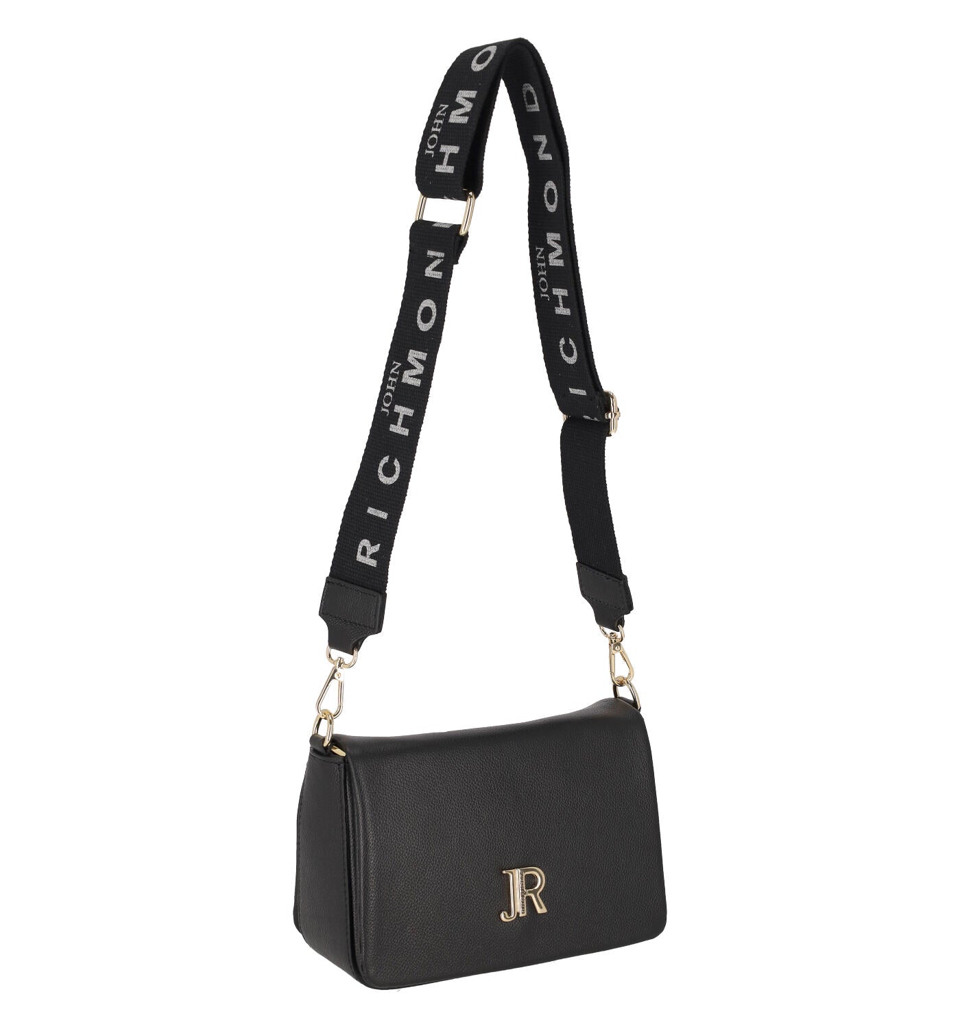 Borsa con catena oro e tracolla lunga in tessuto removibile , patta con chiusura magnetica.