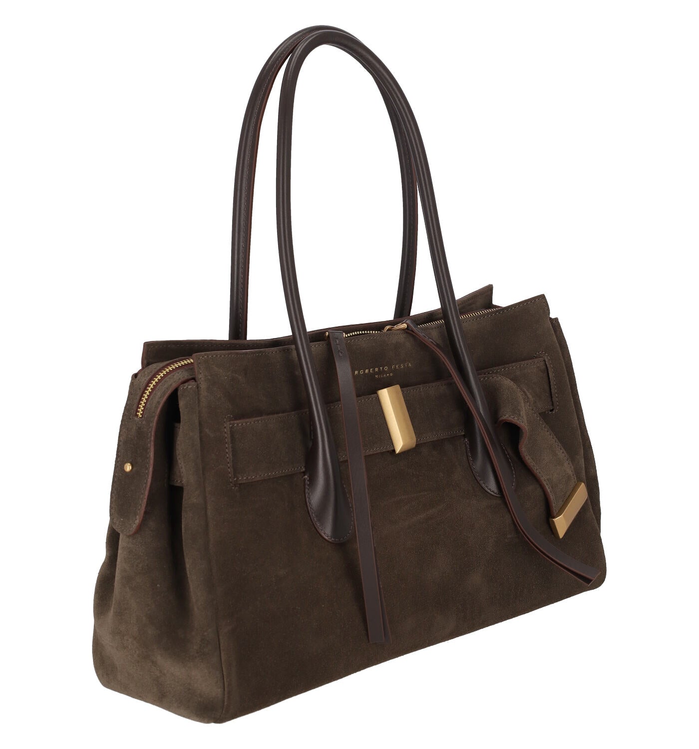 Borsa in camoscio con manici lunghi in pelle