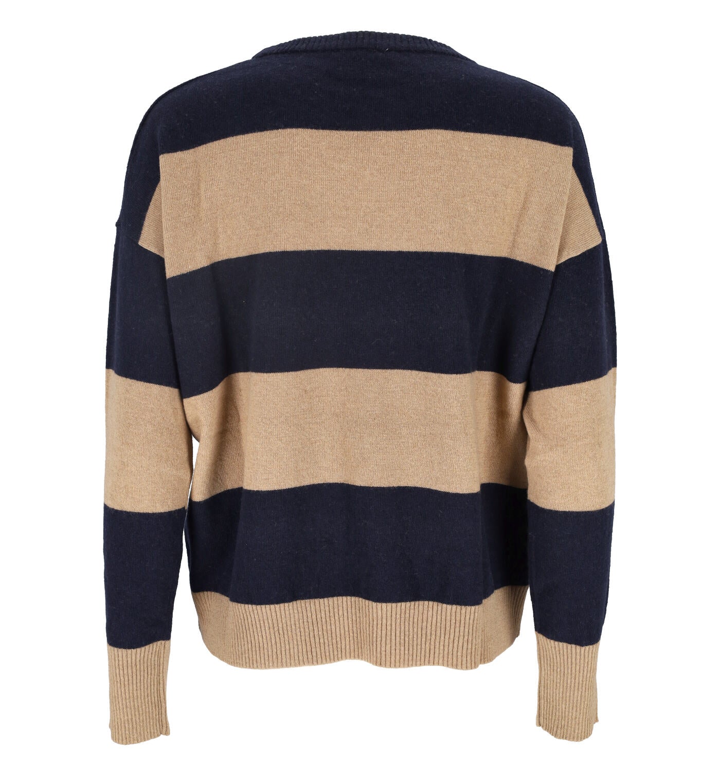 Maglia a righe in cashmere con patch stemma cucito.