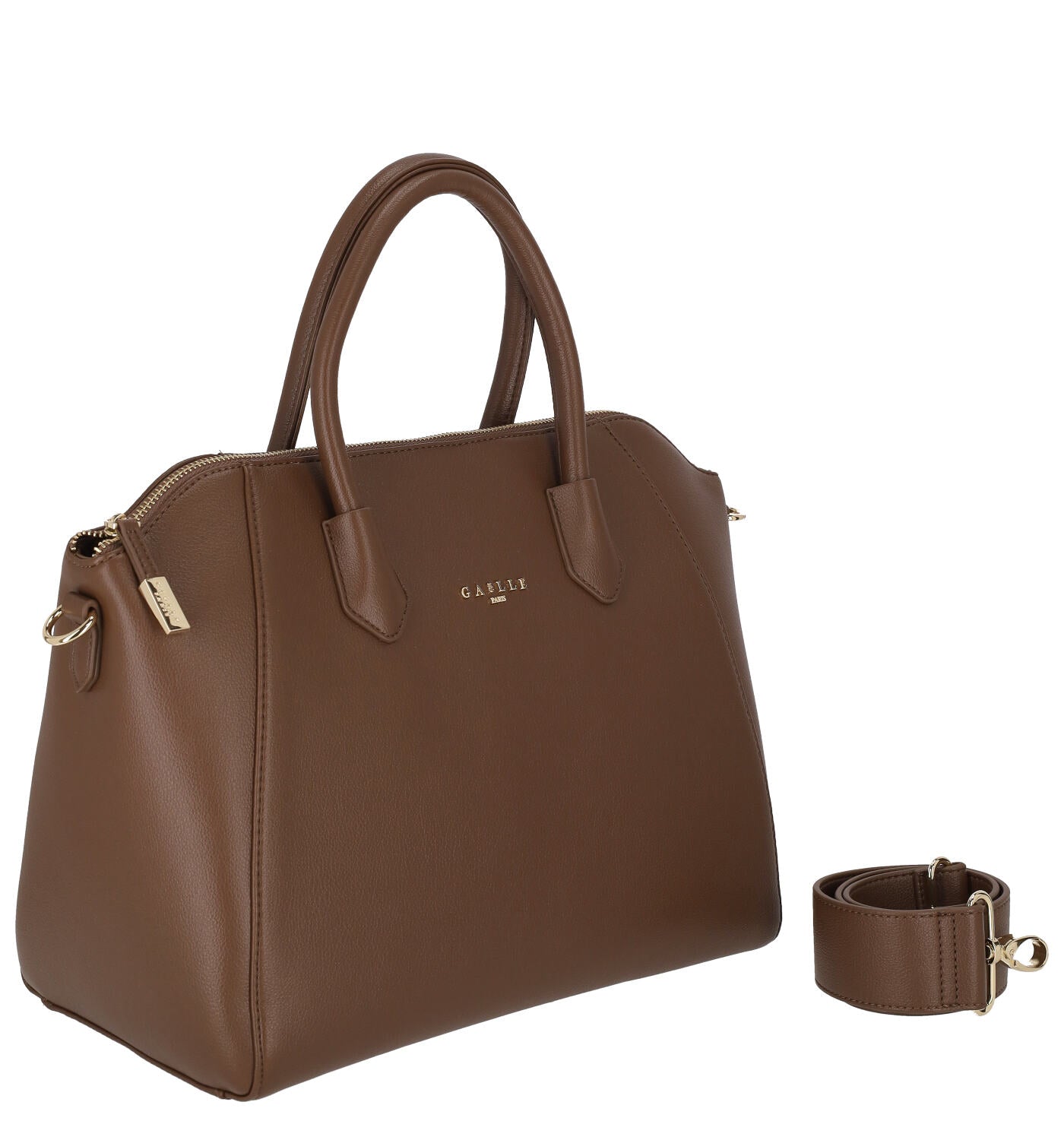 Borsa bauletto con manico corto, chiusura zip e tracolla removibile.