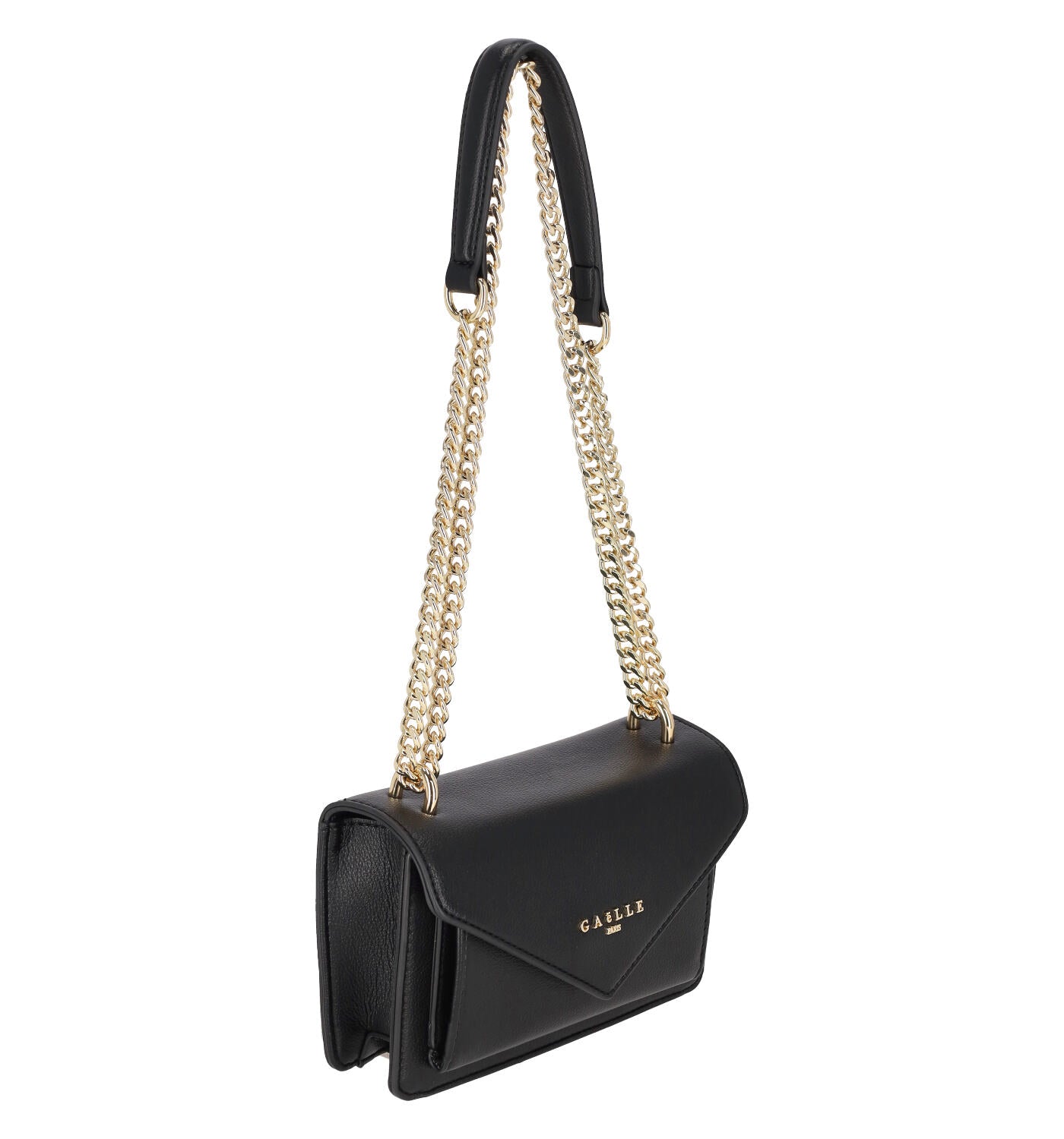 Tracolla con doppia catena regolabile oro , logo sul davanti oro , chiusura con bottone.