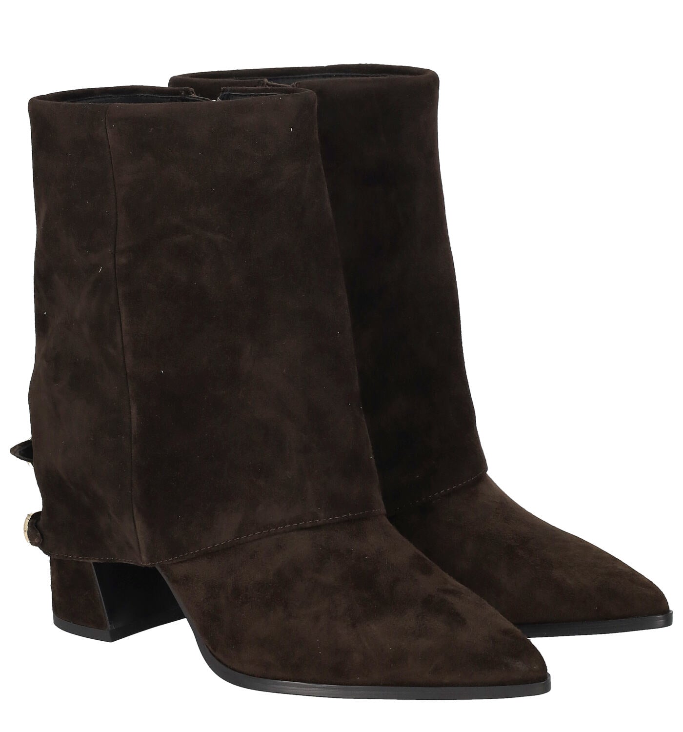 Tronchetto in camoscio con risvolto , tacco altezza 7 cm .