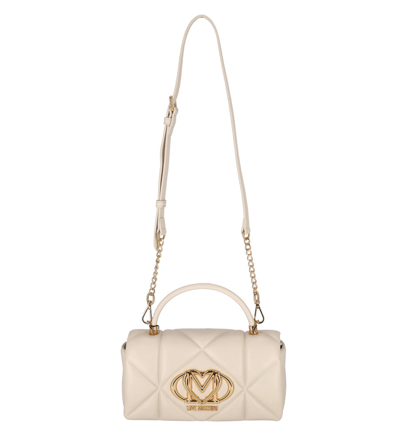 Tracolla trapuntata con patta e logo oro , manico corto e tracolla lunga regolabile.