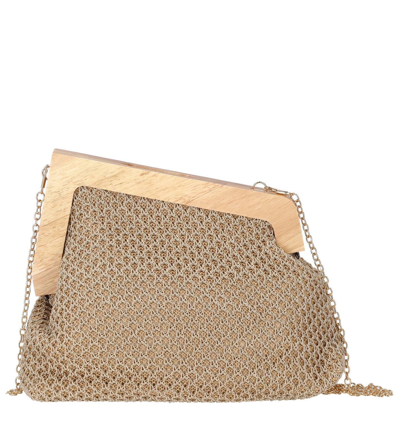 Borsa in rafia con manico trasversale in legno