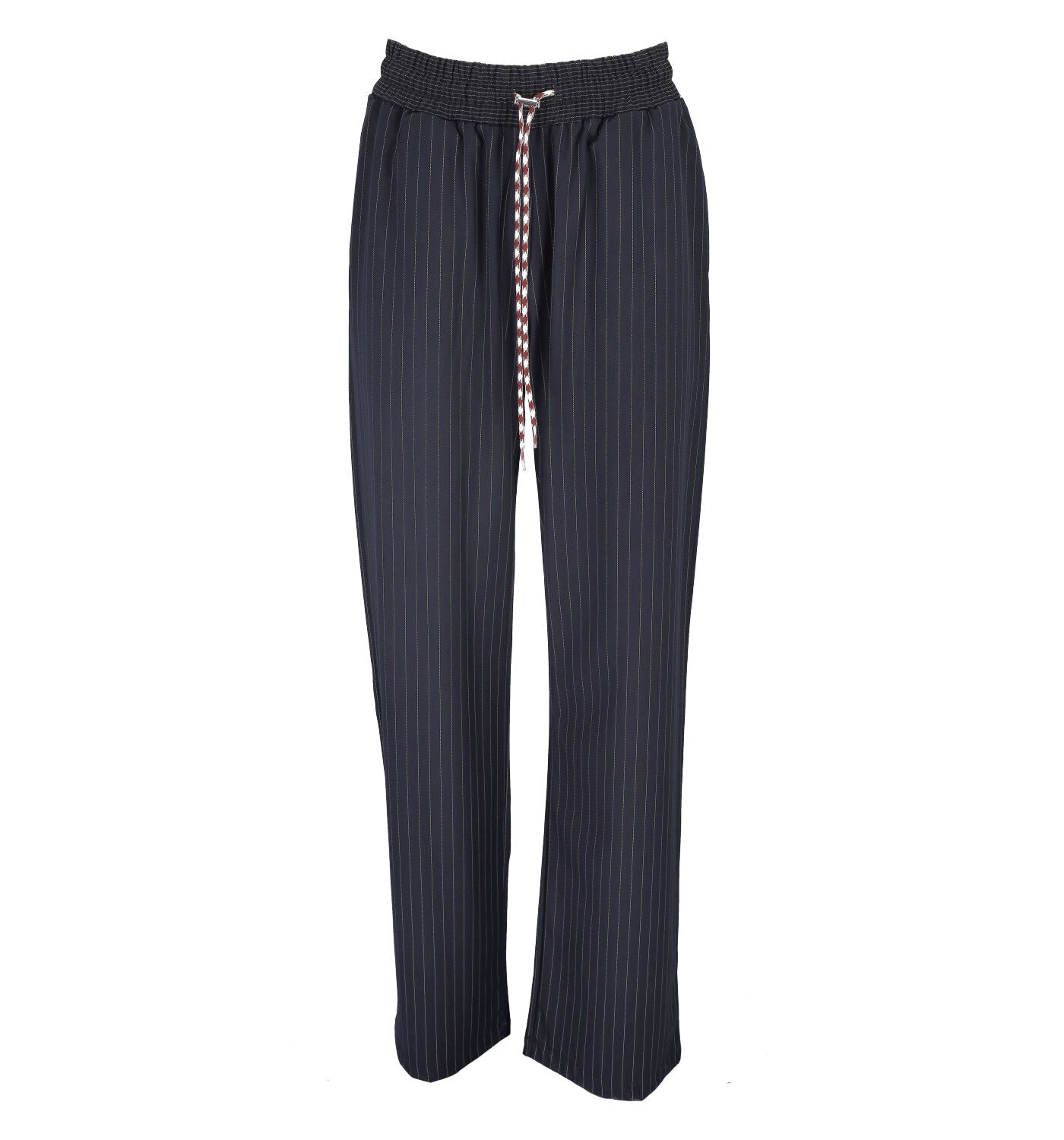 Pantalone dritto gessato con coulisse ed elastico in vita