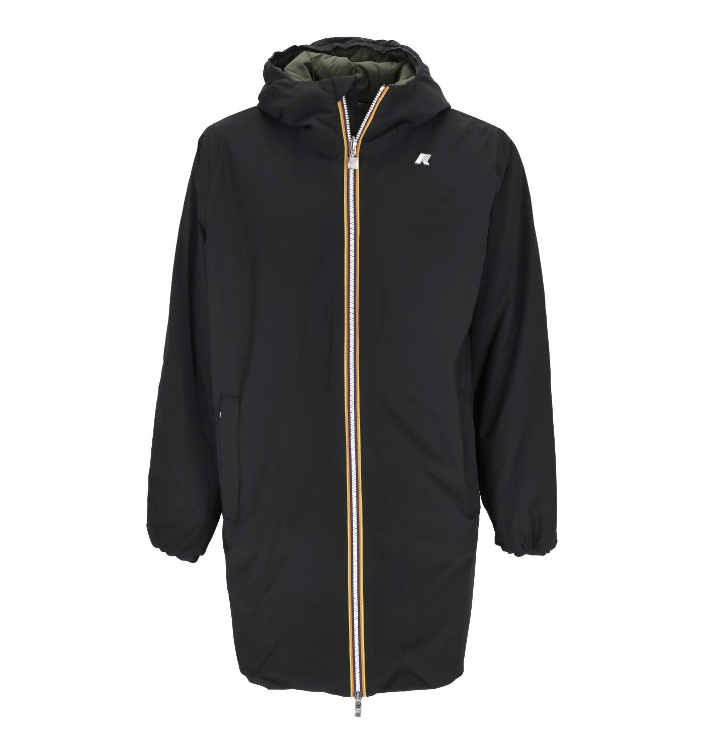 Giubbino lungo reversibile con cappuccio.