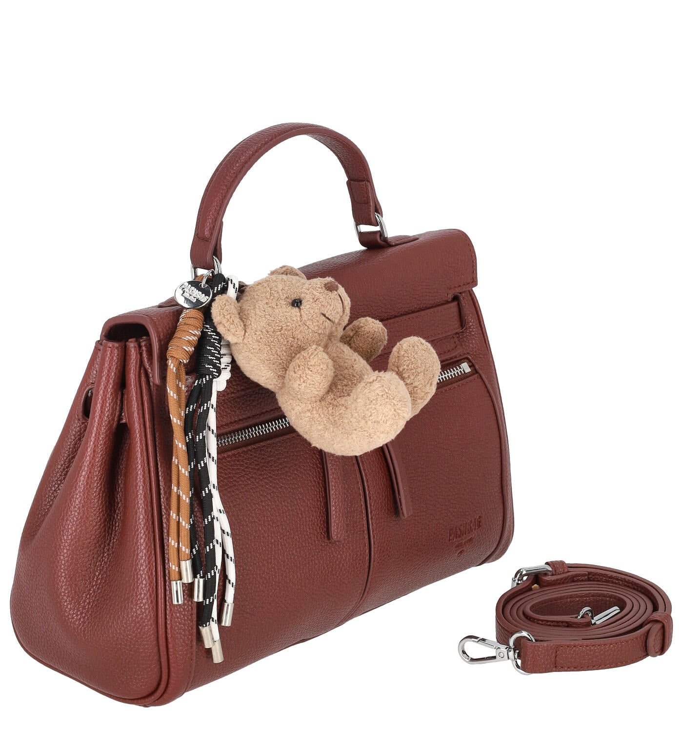 Borsa bauletto con due tasche frontali a zip, chiusura a patta con tracolla regolabile