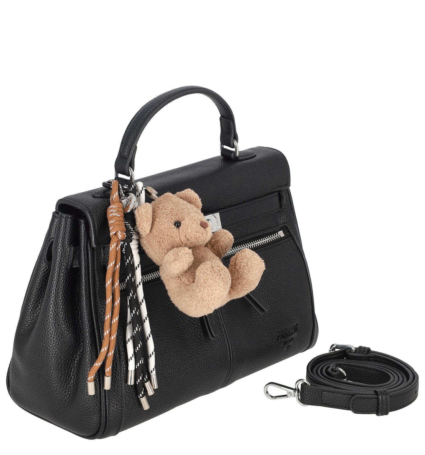 Borsa bauletto con due tasche frontali a zip, chiusura a patta con tracolla regolabile