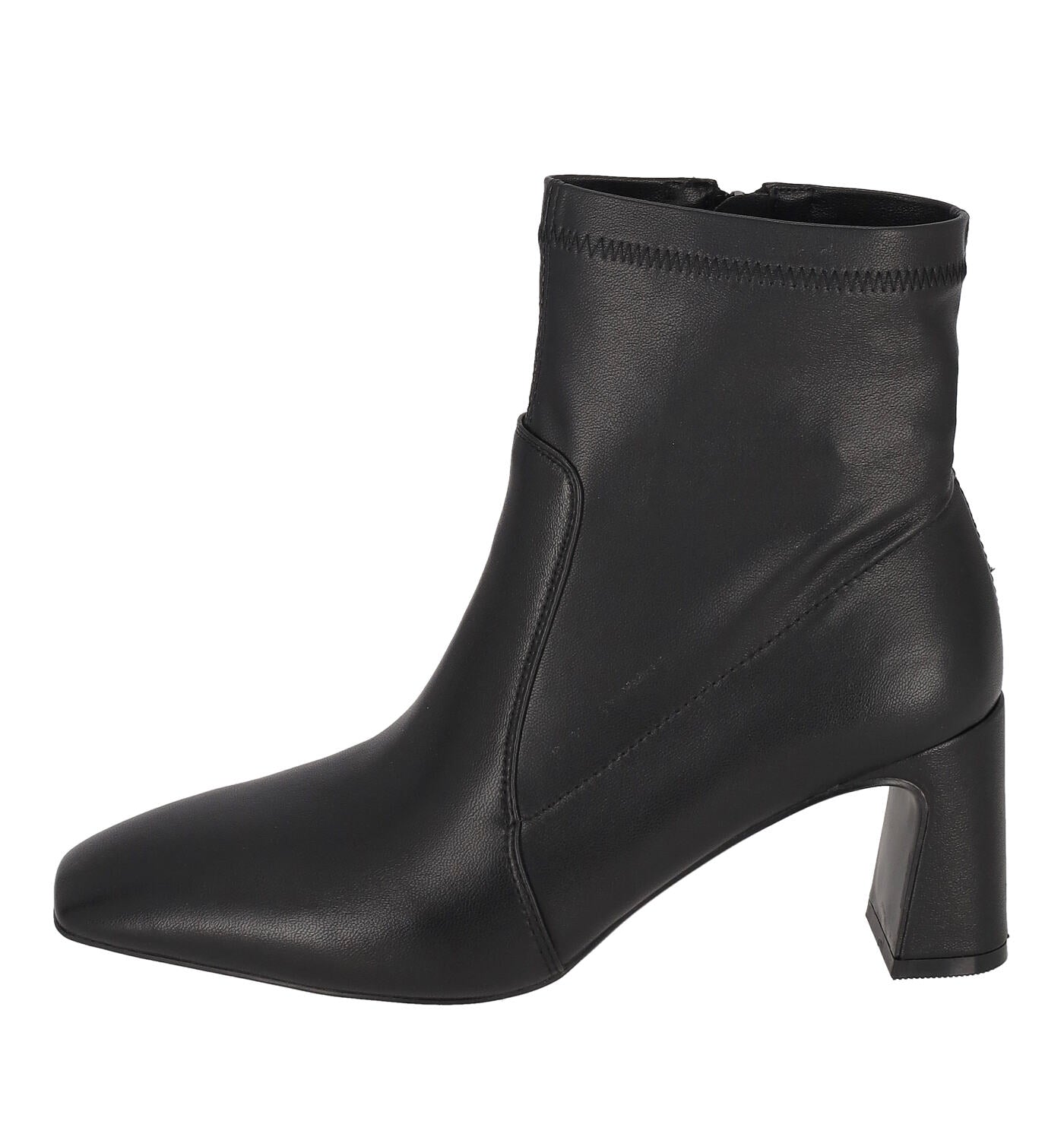 Tronchetto in ecopelle elasticizzatocon chiusura zip , tacco altezza 6 cm.