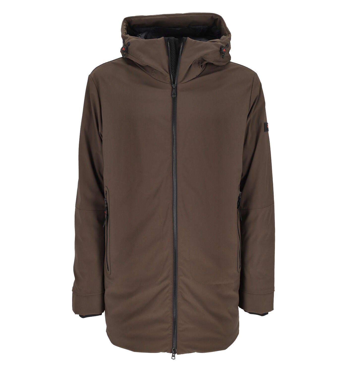 Giubbino lungo con cappuccio tessuto spalmato