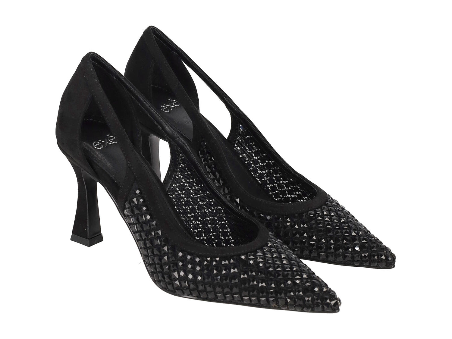 Decolleté in camoscio e rete con strass , tacco altezza 8 cm .