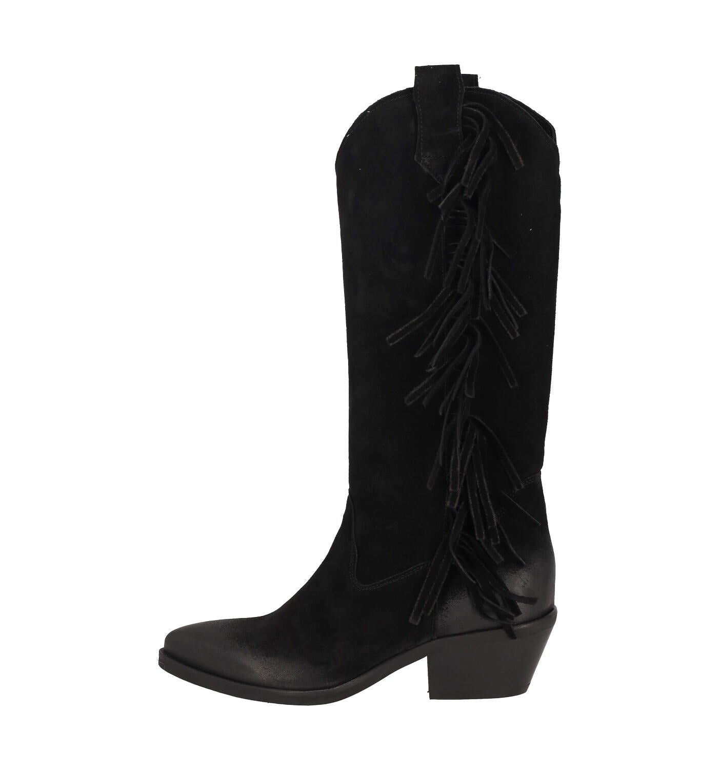 Stviale texano in camoscio con frange, altezza tacco 5 cm .