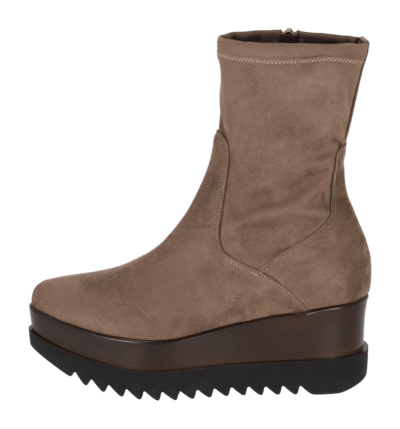 Tronchetto in camoscio con zip a lato zeppa altezza 6 cm .