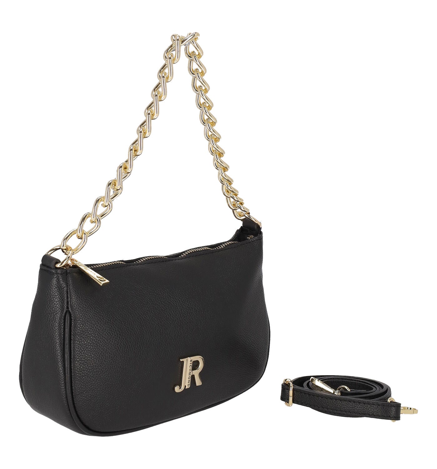 Borsa sottospalla con catena oro e tracolla semplice removibile . Chiusura con zip.