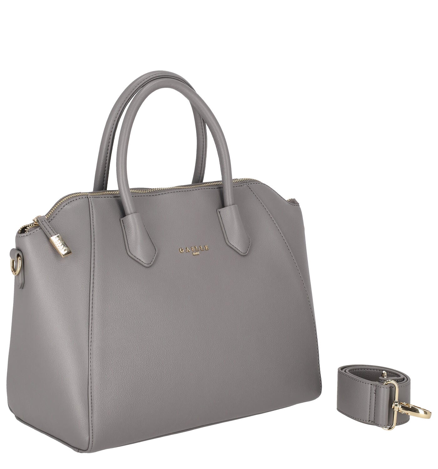 Borsa bauletto con manico corto, chiusura zip e tracolla removibile.