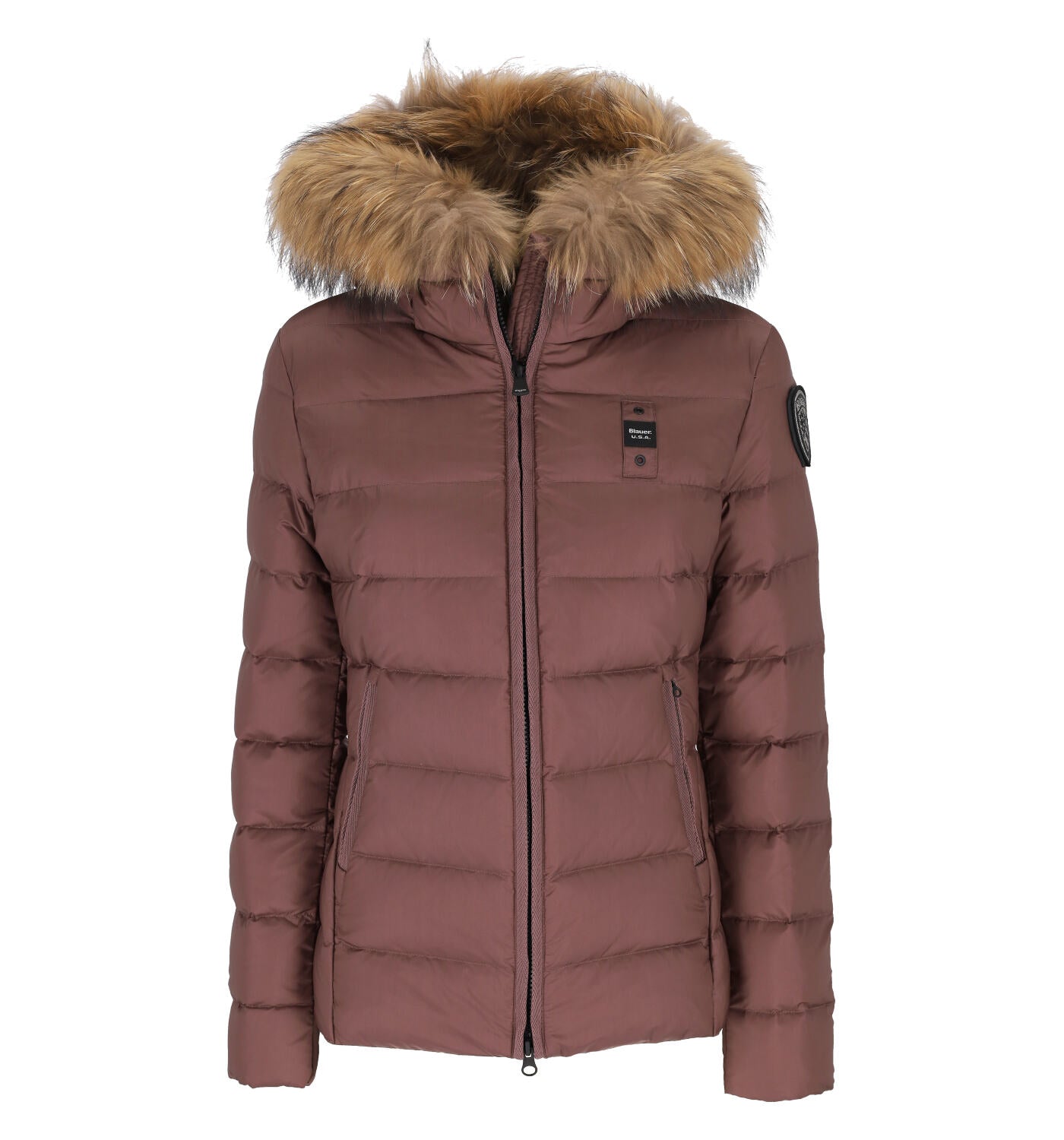 Giubbino corto con chiusura zip , cappuccio con pelliccia . Logo sul braccio