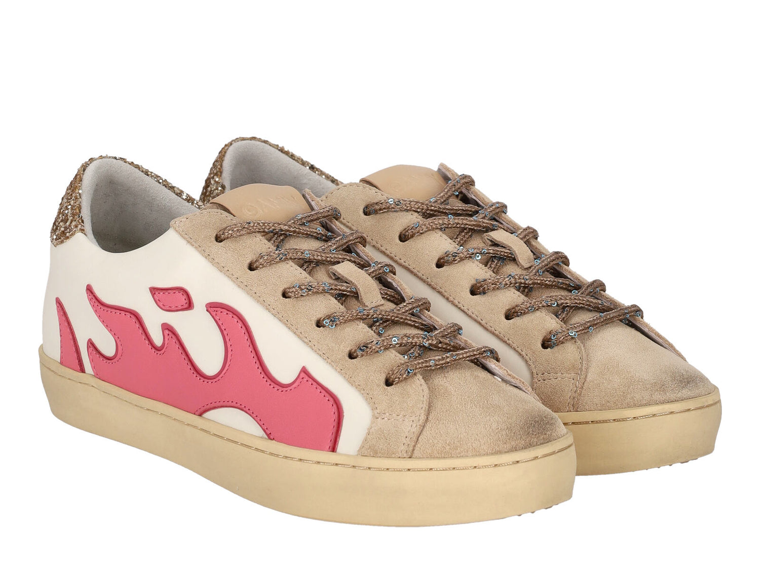Sneakers in pelle e camoscio con riporti fuxia