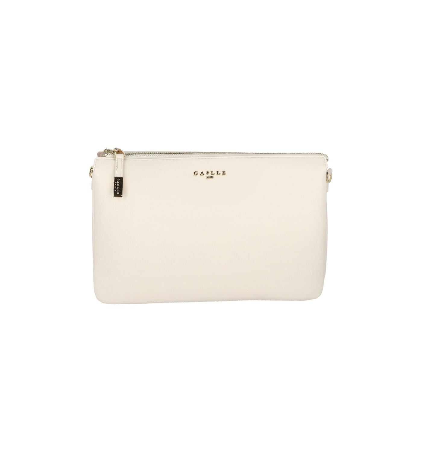 Pochette con tracolla lunga in tessuto removibile. Chiusura con zip