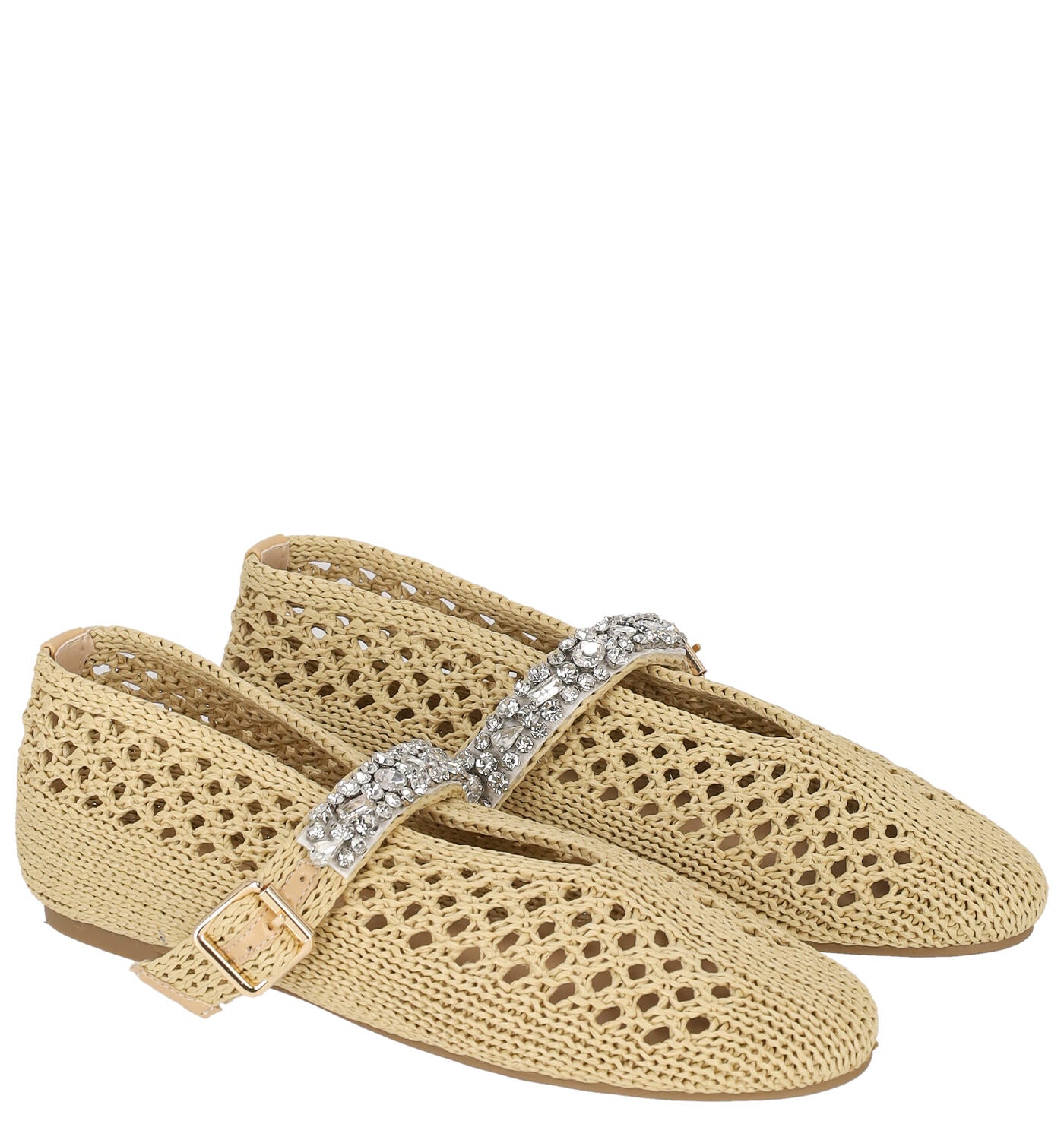 Ballerina in rafia con cinturino in strass