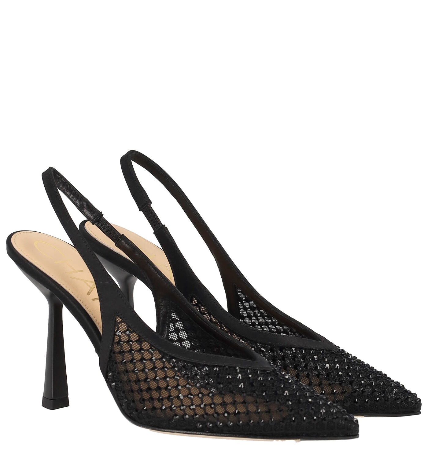 Chanel in raso e rete in strass, tacco alto 10 cm