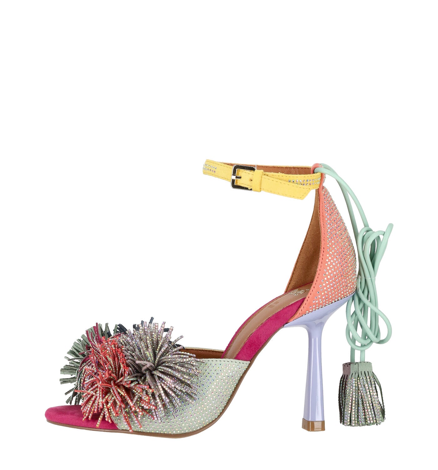 Sandalo con pon pon e strass lacci schiava, tacco alto 9 cm JENIFER