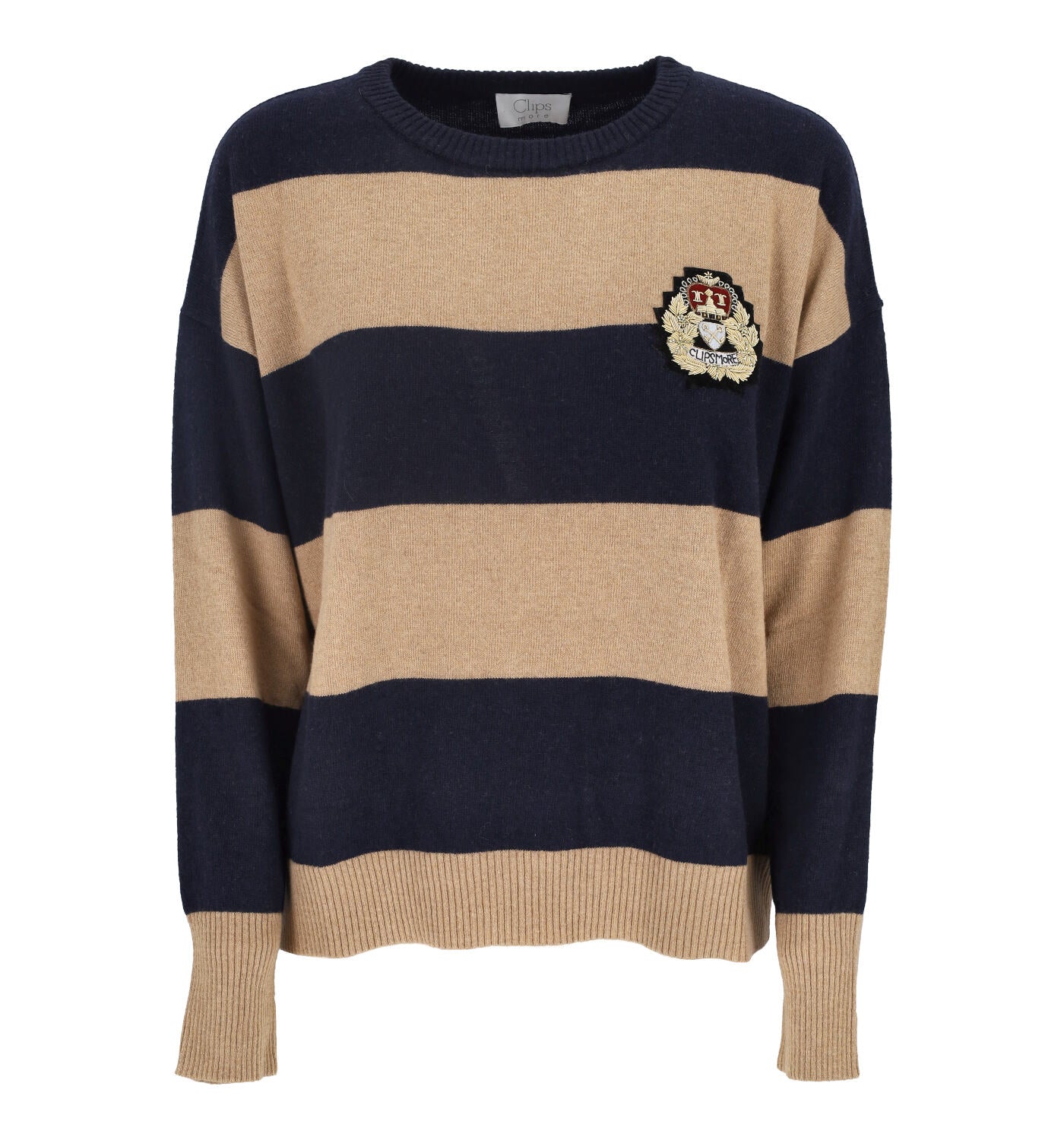 Maglia a righe in cashmere con patch stemma cucito.
