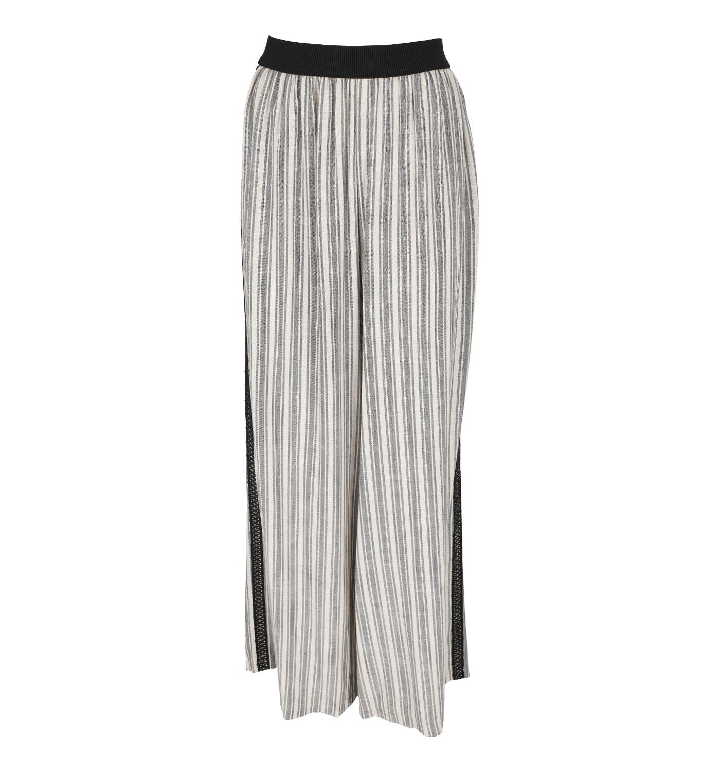 Pantalone a righe a palazzo in lino e viscosa con elastico in vita