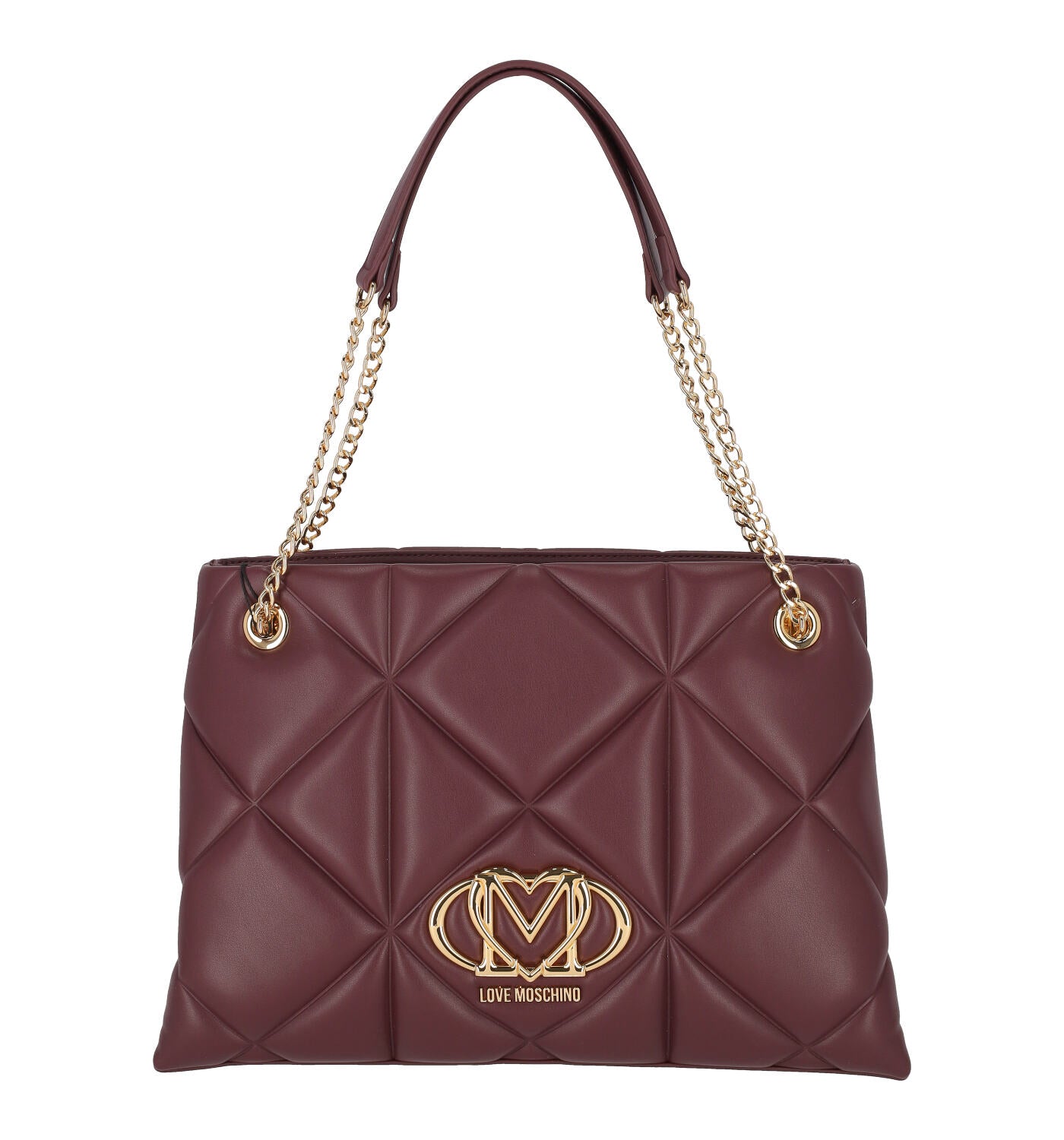 Shopping trapuntata con doppio manico catena oro e logo sul davanti oro.