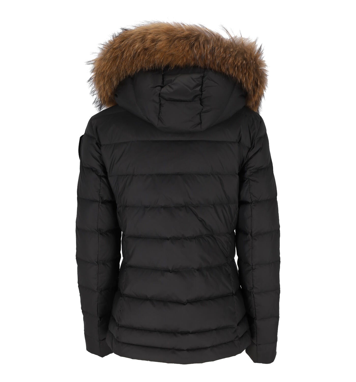 Giubbino corto con chiusura con zip , cappuccio con pelliccia . Logo sul braccio .