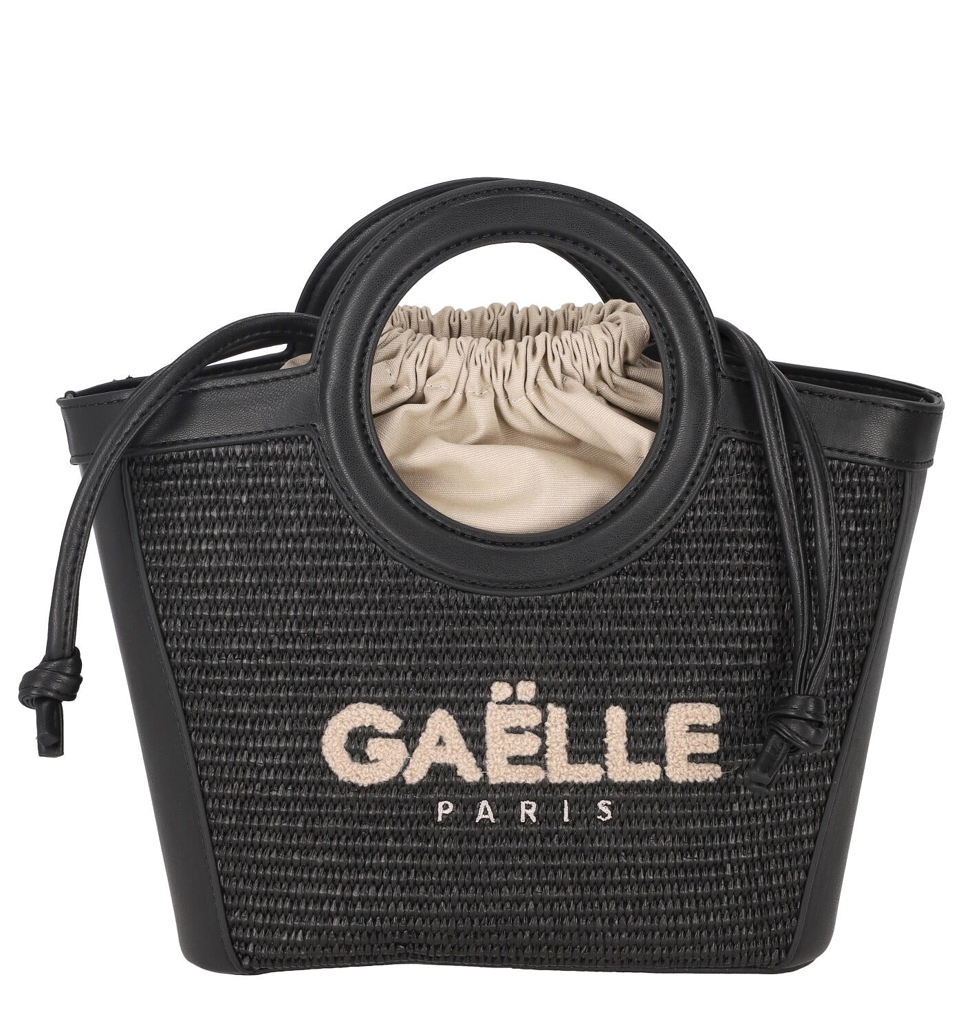 Borsa piccola in rafia con coulisse manici ovali e tracolla