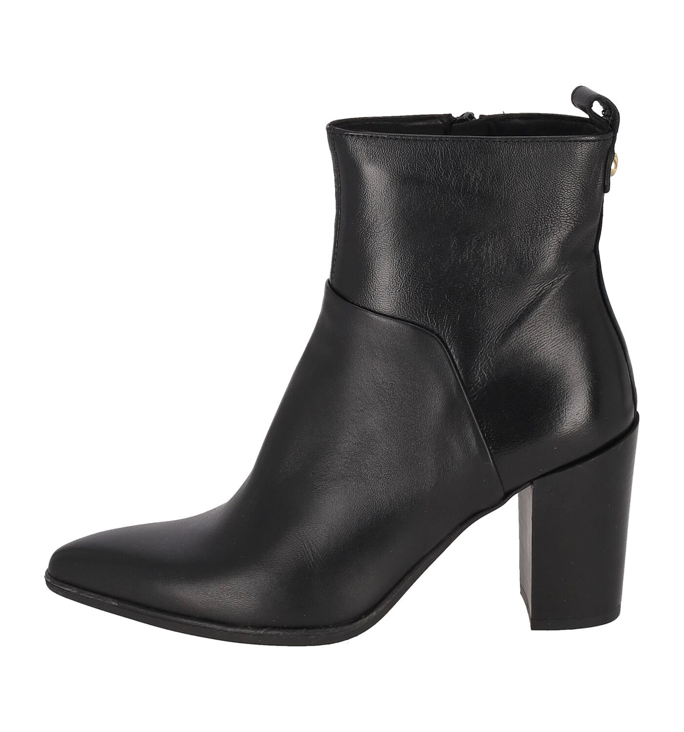 Tronchetto in pelle con chiusura zip , tacco altezza 9 cm , puntalino argento