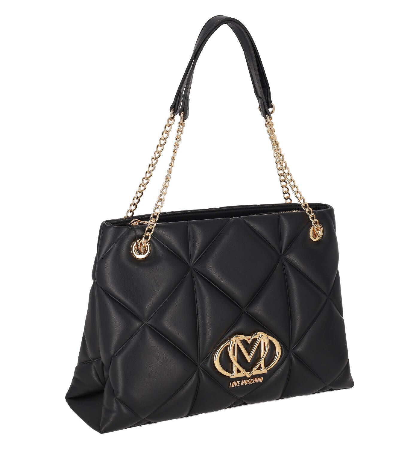 Shopping trapuntata con doppio manico catena oro , logo oro sul davanti , chiusura con zip .