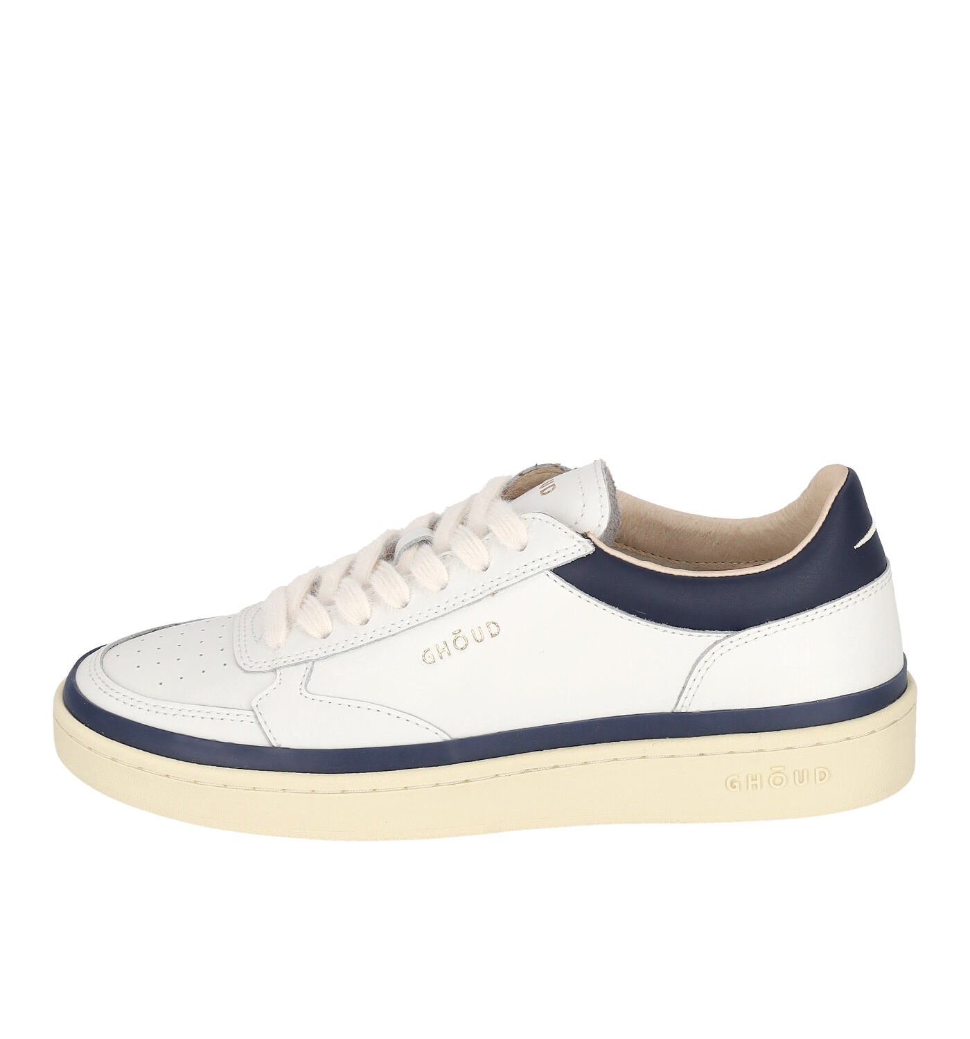 Sneakers in pelle con riporti blu, suola in gomma