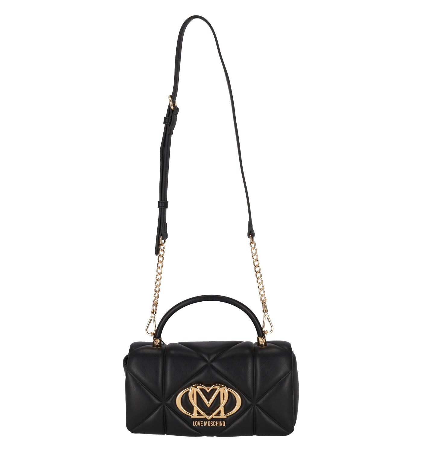 Tracolla trapuntata con logo oro , patta con ciusura magnetica . Manico corto e tracolla lunga regolabile.