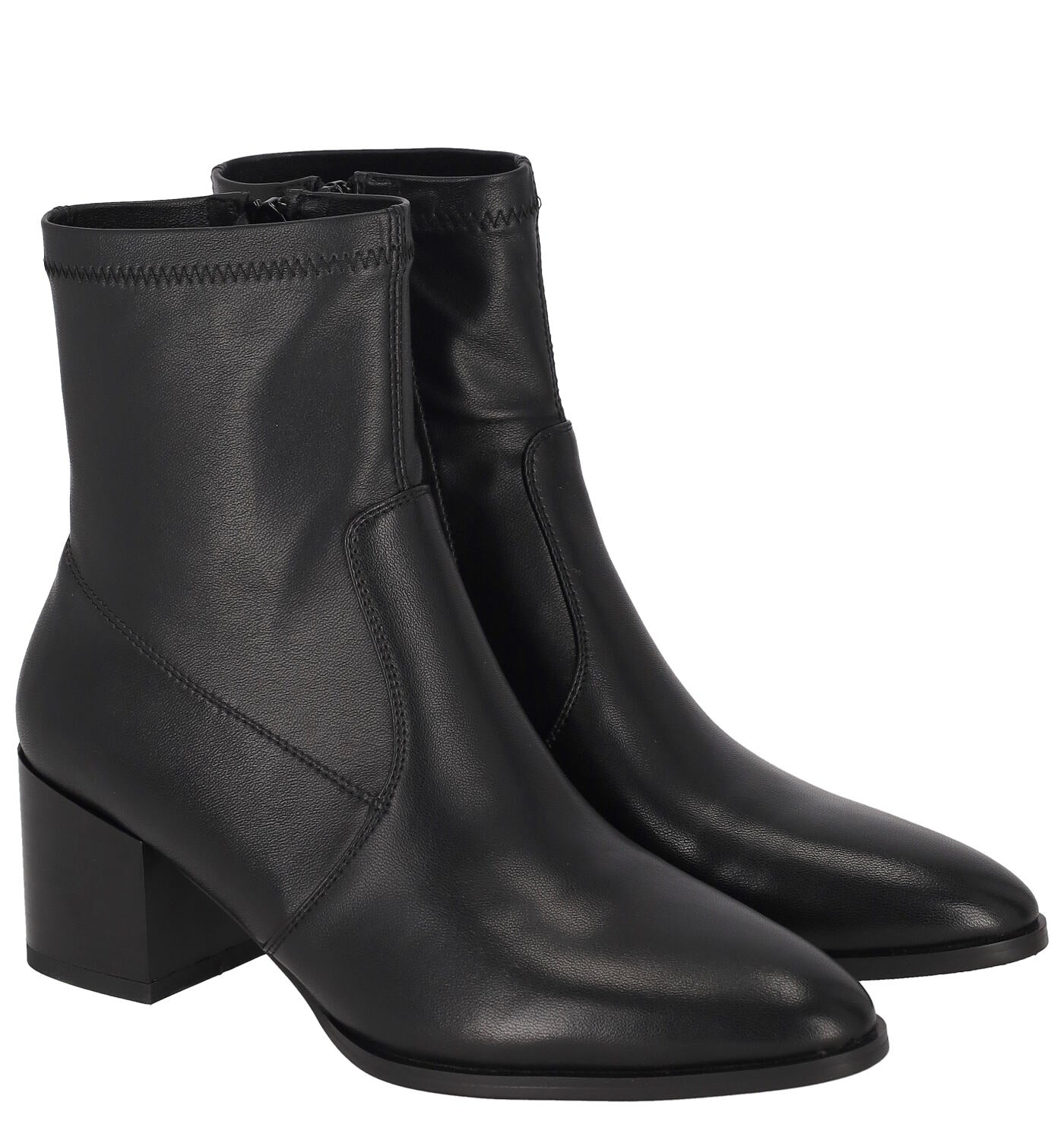 Tronchetto in ecopelle elasticizzata zip a lato, tacco largo altezza 6 cm .