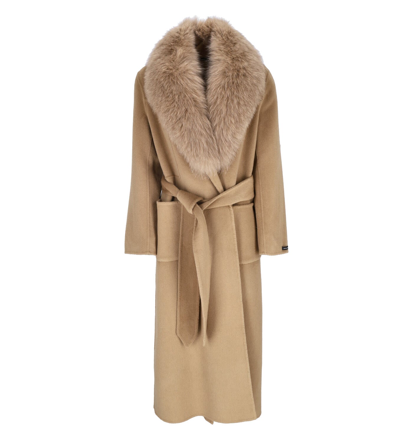 Cappotto lungo con cintura in vita con collo pelliccia volpe