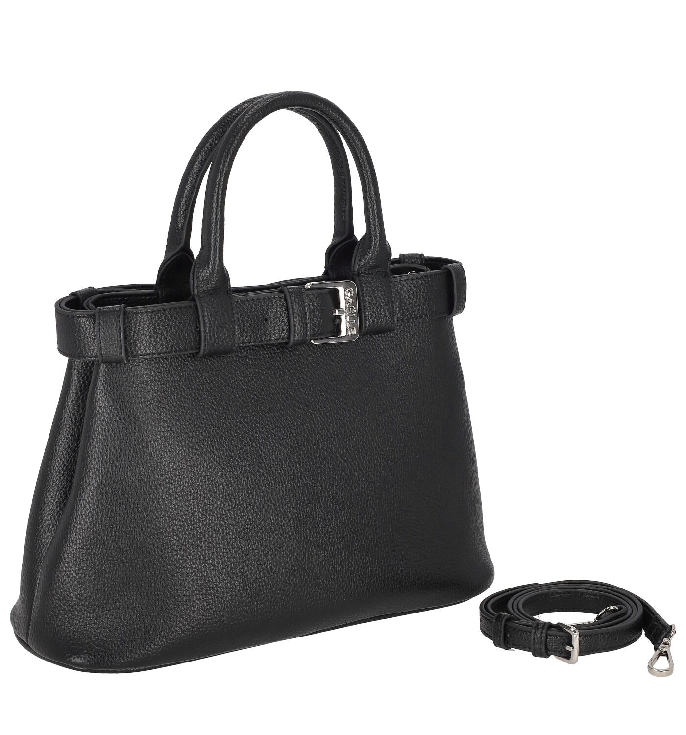 Borsa bauletto martellata con fibbia , manici corti e tracolla lunga removibile.