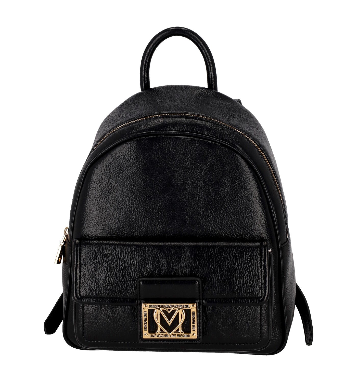 Zaino con tasca sul davanti e logo oro, spallacci regolabili e chiusura con zip.