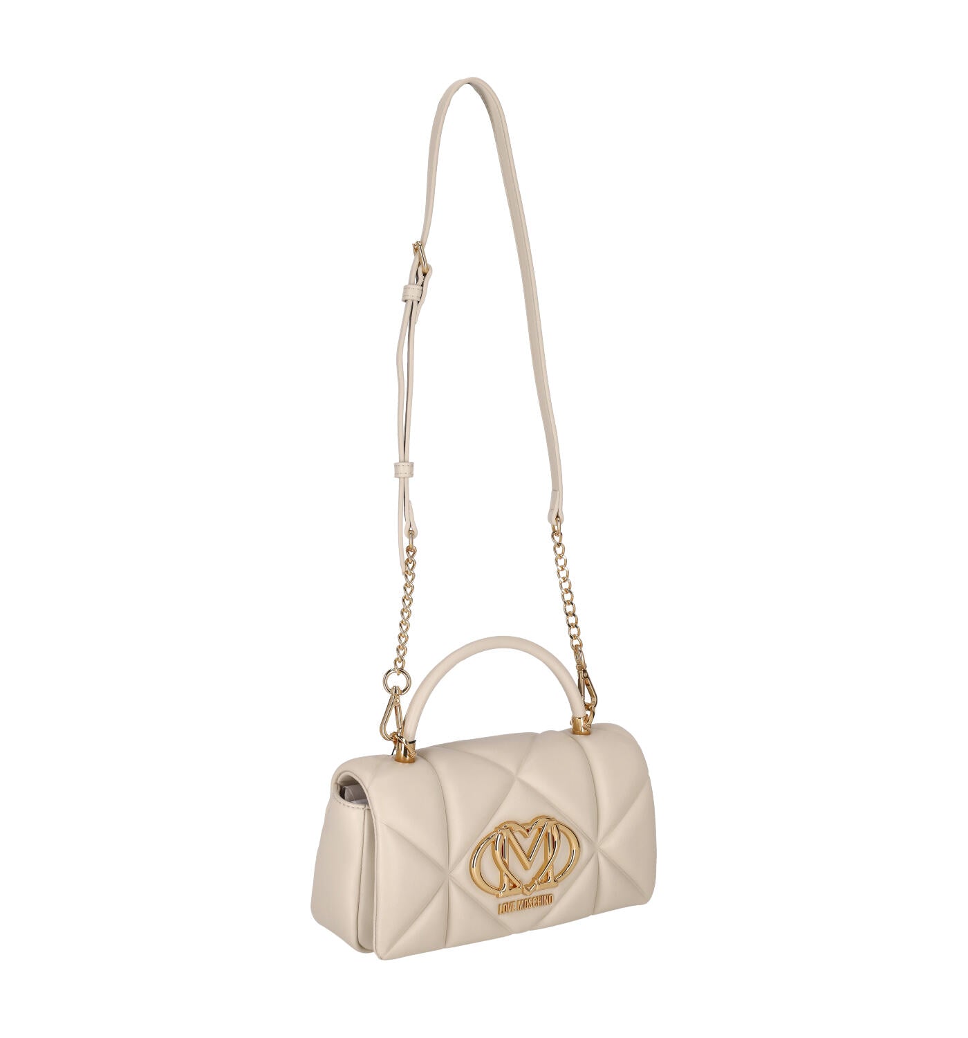 Tracolla trapuntata con patta e logo oro , manico corto e tracolla lunga regolabile.