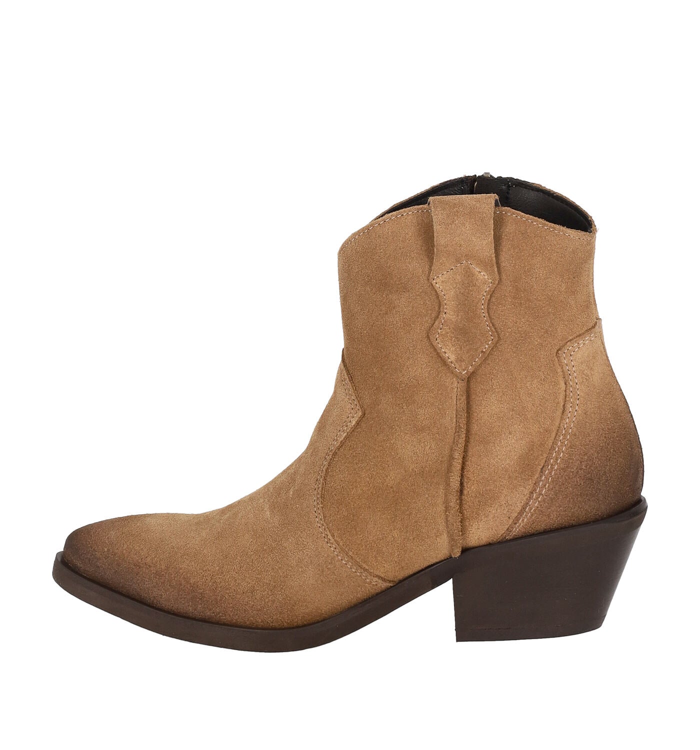 Tronchetto texano in camoscio chiusura a lato con zip, tacco altezza 5 cm .