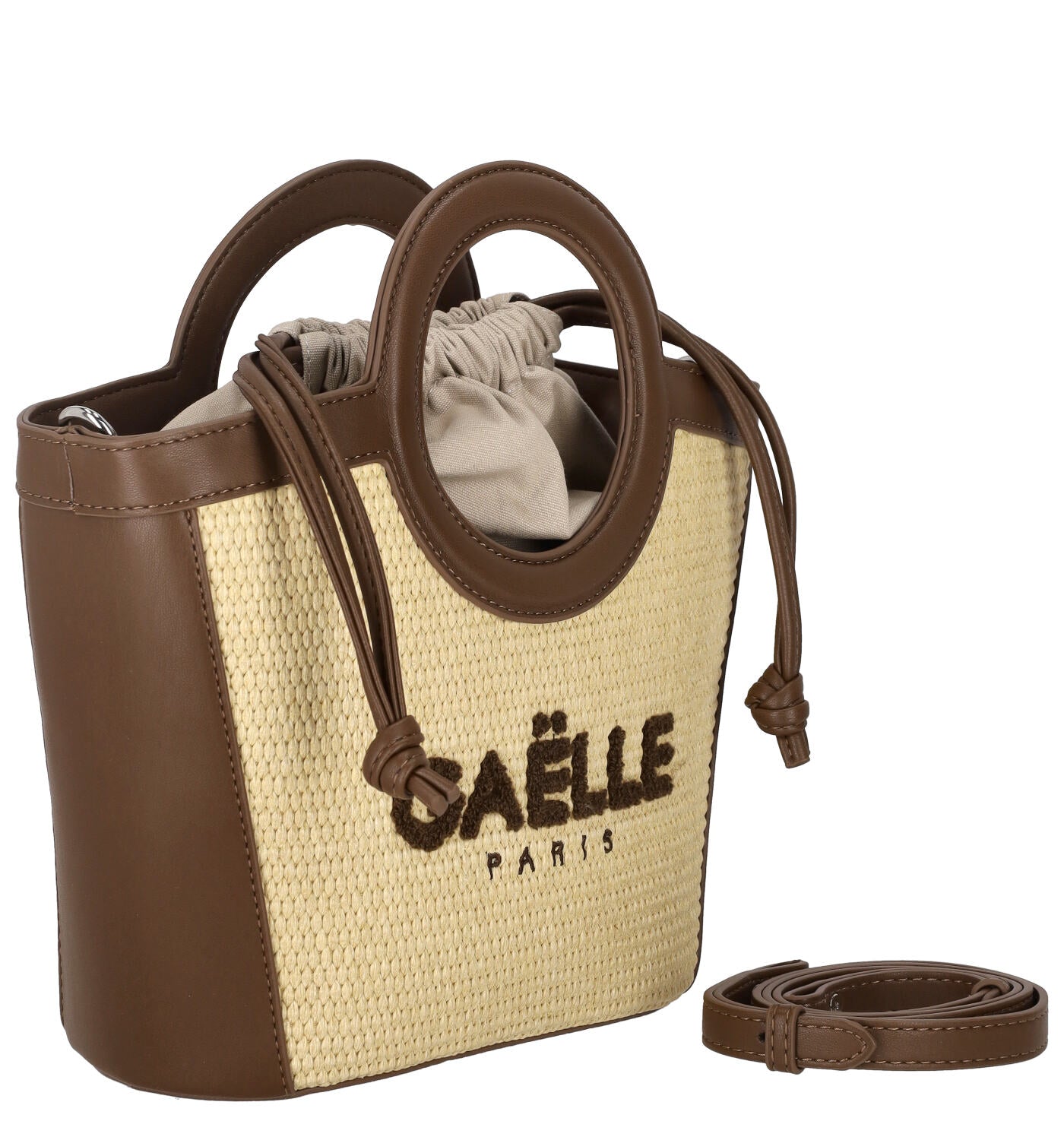 Borsa piccola in rafia con coulisse manici ovali e tracolla