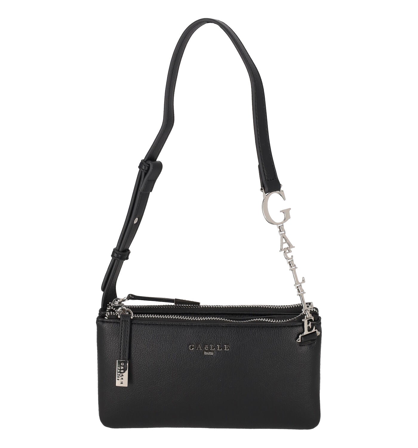 Pochette con doppia zip , tracolla regolabile .