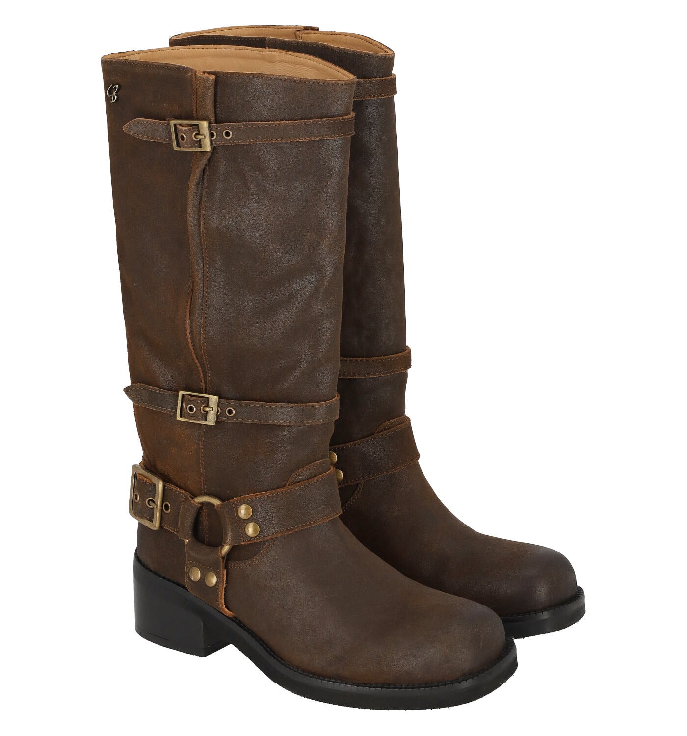 Stivale biker con tacco alto 4cm in pelle invecchiata con fibbie